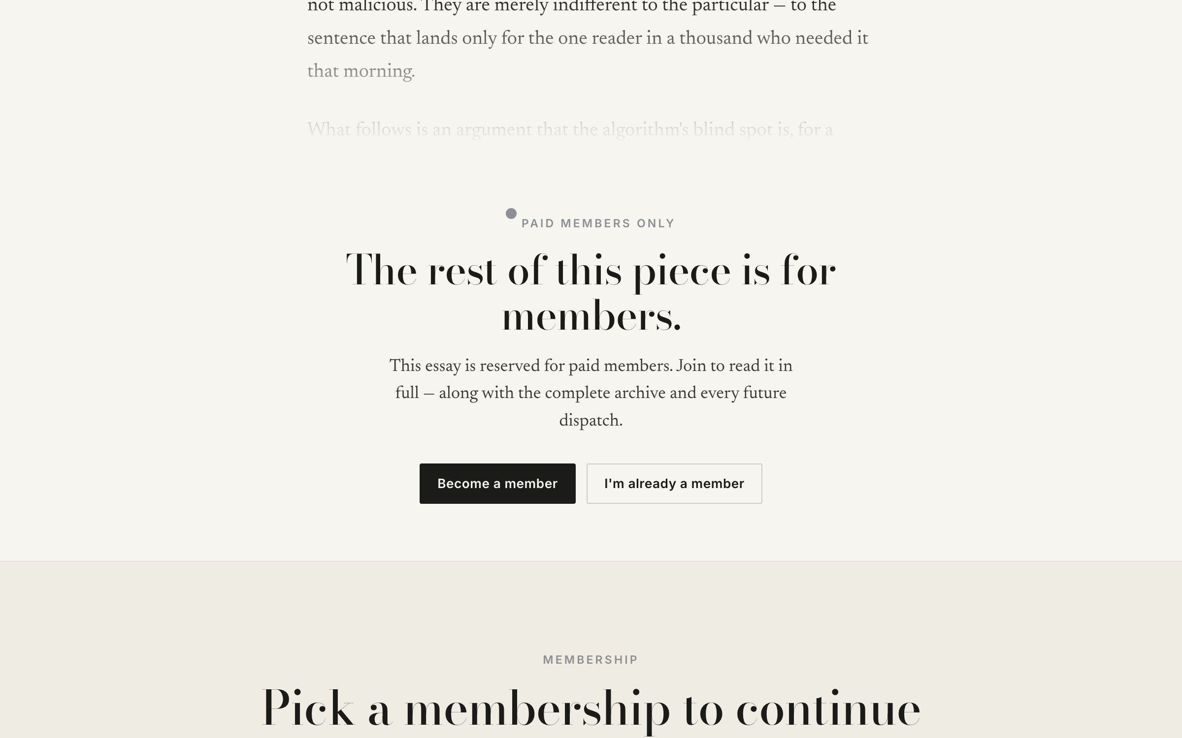 Dispatch theme — a gated post showing the members-only paywall and teaser