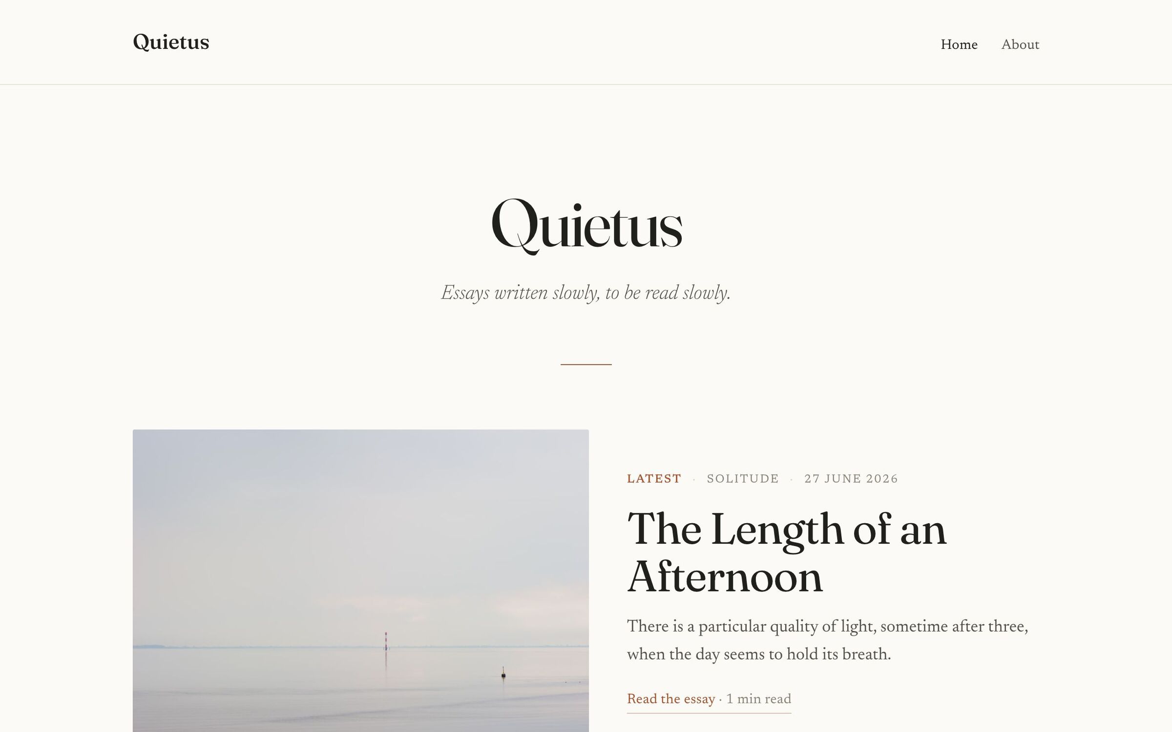 Quietus theme — the demo homepage masthead and featured essay